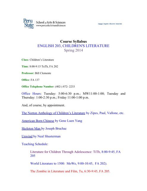 Course Syllabus ENGLISH 203, CHILDREN'S LITERATURE Children