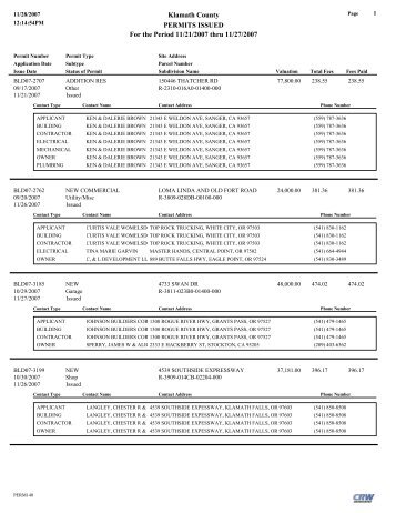 Klamath County PERMITS ISSUED For the Period 11/21/2007 thru ...