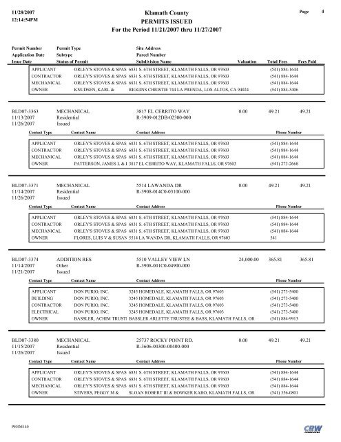 Klamath County PERMITS ISSUED For the Period 11/21/2007 thru ...