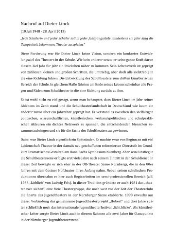 Nachruf auf Dieter Linck - Theater am Gymnasium in Bayern