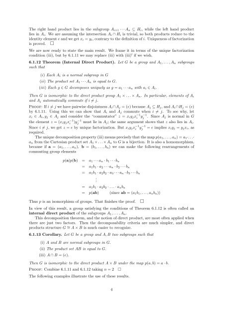 Algebra I: Section 6. The structure of groups. 6.1 Direct products of ...