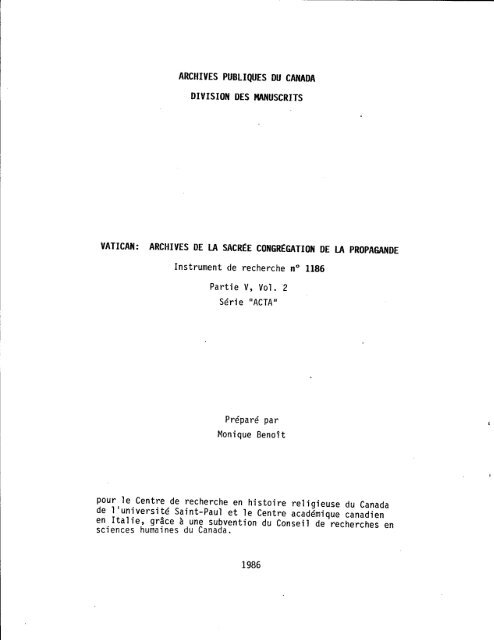 ARCHIVES PUBLIQUES DU CANADA DIVISION DES ...