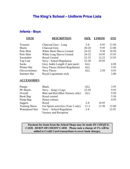 Uniform Price Lists - The King's School in Macclesfield