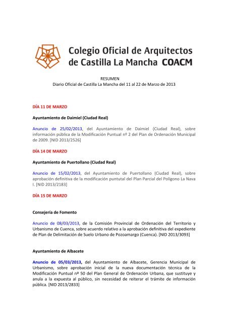 Resumen del DOCM del 11 al 22 de marzo del 2013