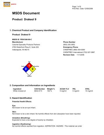 MSDS Document Product Drakeol 9 - Holland Applied Technologies ...