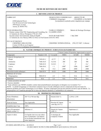 FICHE DE DONNEES DE SECURITE - Exide Technologies