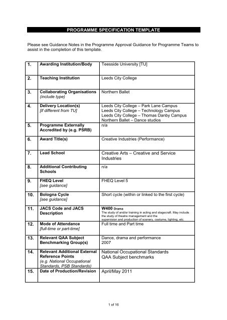 PROGRAMME SPECIFICATION TEMPLATE 1. 2. 3. 4. 5. 6. 7 ...