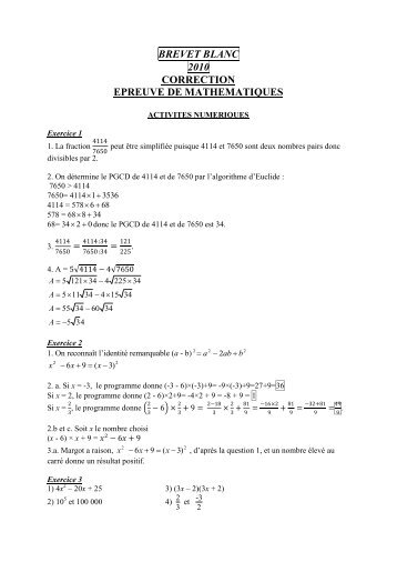 brevet blanc 2010 correction epreuve de mathematiques