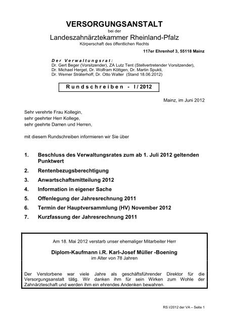 Versorgungsanstalt bei der Landeszahnärztekammer Rheinland-Pfalz