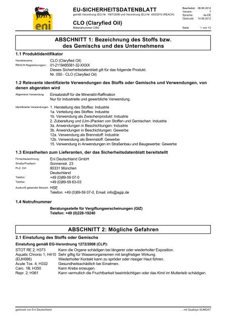 EU-SICHERHEITSDATENBLATT CLO (Claryfied Oil) ABSCHNITT 1 ...