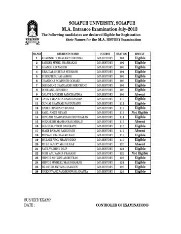 M.A. History Entrance Exam result, 2013 - Solapur University