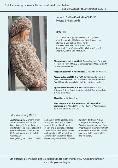 Strickanleitung Jacke mit FledermausÃ¤rmeln und MÃ¼tze ... - OZ Verlag