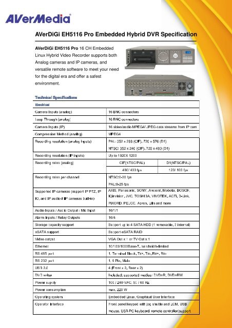 AVerDiGi EH5116 Pro Embedded Hybrid DVR Specification