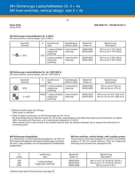 NH-Sicherungs- Lastschaltleisten NH-Sicherungs- Verteilerleisten