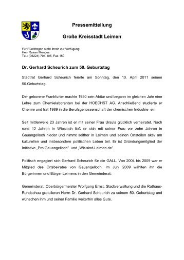 Pressemitteilung Große Kreisstadt Leimen