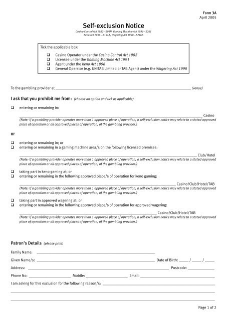 Operator Exclusion Form Self exclusion Notice Form 3A