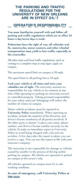 Parking and Traffic Regulations Brochure - University of New Orleans