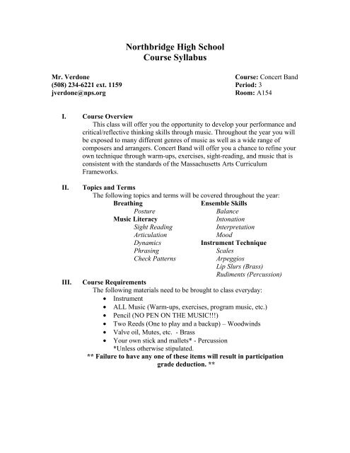 Concert Band Syllabus - Northbridge Public Schools