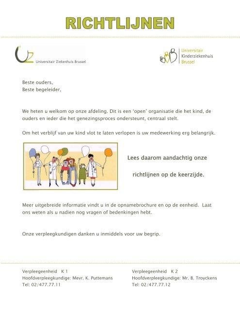 Richtlijnen bij opname Pediatrie - UZ Brussel: Patientinfo