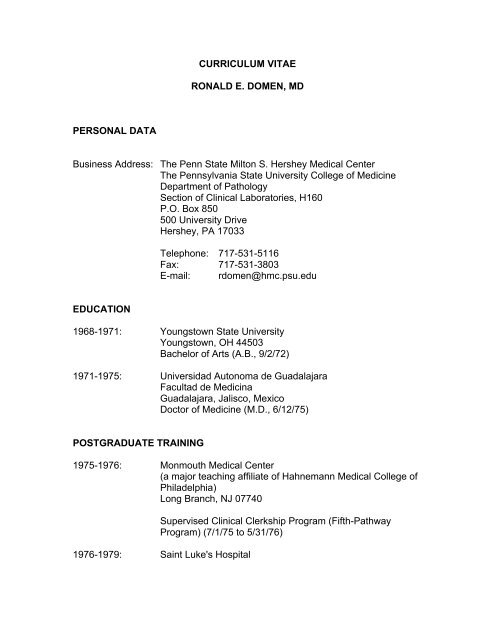 CURRICULUM VITAE RONALD E. DOMEN, MD PERSONAL DATA ...