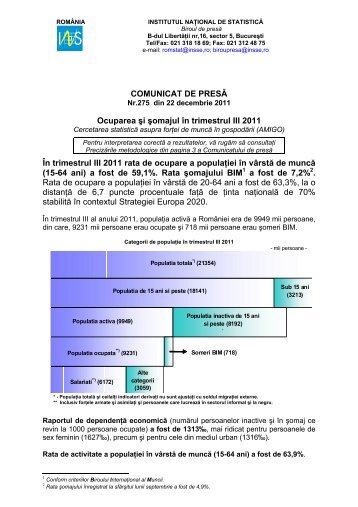 COMUNICAT DE PRESÄ Ocuparea Åi Åomajul Ã®n trimestrul III 2011 ...