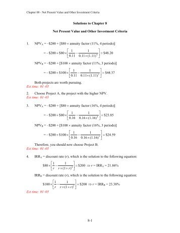 8-1 Solutions to Chapter 8 Net Present Value and Other Investment ...