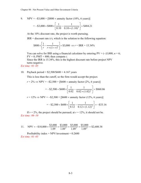 8-1 Solutions to Chapter 8 Net Present Value and Other Investment ...
