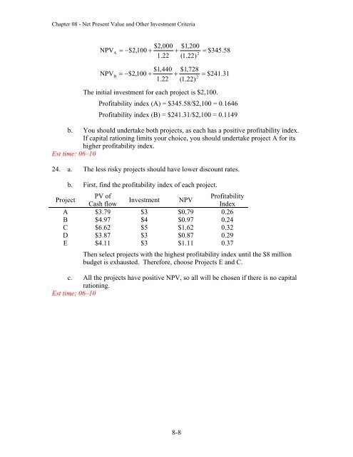 8-1 Solutions to Chapter 8 Net Present Value and Other Investment ...
