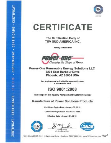 Power-One's ISO 9001 Quality Certifications