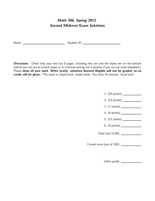 Math 306, Spring 2012 Second Midterm Exam Solutions