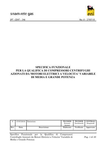 specifica funzionale per la qualifica di compressori ... - Snam