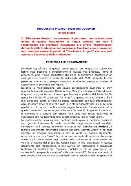 Disclosure Project Briefing Document - Centro Ufologico Nazionale