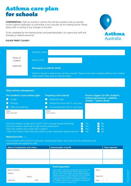 Asthma care plan for schools - Asthma Australia