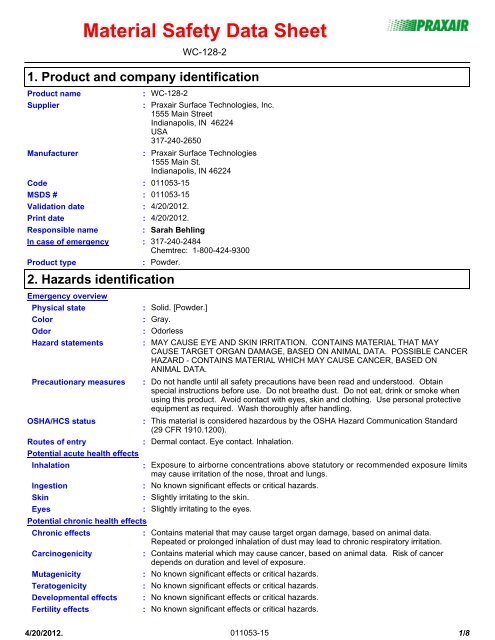 Material Safety Data Sheet - Praxair Surface Technologies