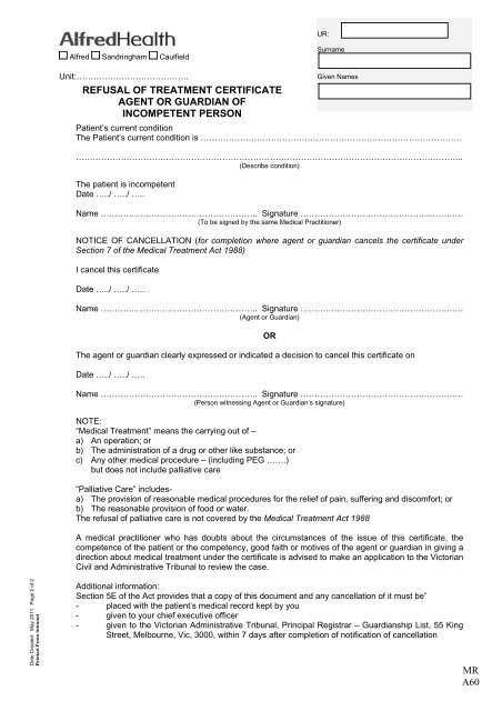 Refusal of Treatment Certificate Non Competent Person