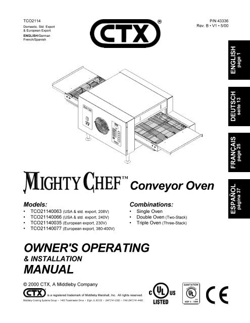 OWNER'S OPERATING MANUAL Conveyor Oven