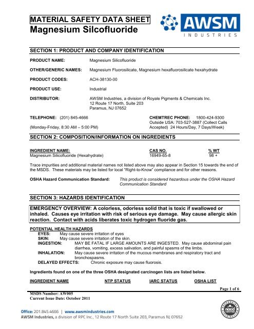 Material Safety Data Sheet Magnesium Silcofluoride