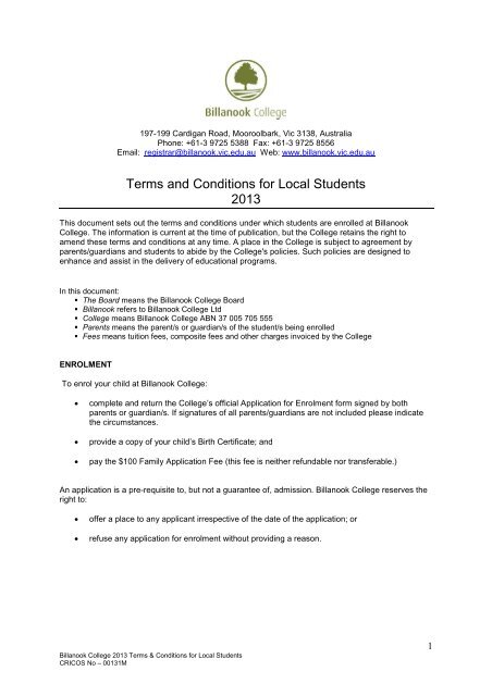 Terms and Conditions for Local Students 2013 - Billanook College