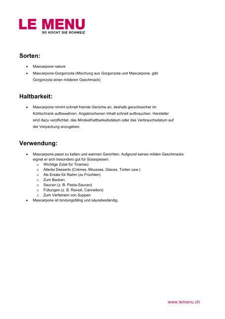 Facts rund um Mascarpone zum Ausdrucken (PDF - Le Menu