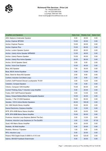 Richmond Film Services - Price List