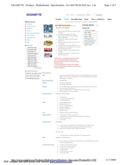 Page 1 of 2 GIGABYTE - Product - Motherboard - Specification - GA ...