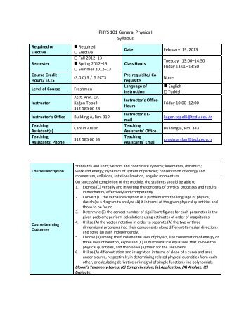 PHYS 101 General Physics I Syllabus