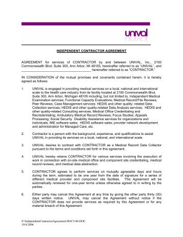 Independent Contractor Agreement - Login Prodata System - UNIVAL