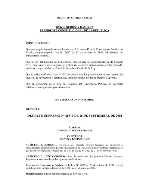 D.S. 26319 Procedimientos de Recursos de Revocatoria y JerÃ¡rquico
