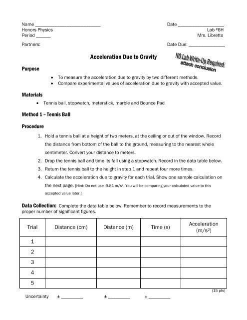 Lab #6 (Acceleration Due to Gravity)