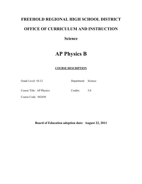 AP Physics B - Freehold Regional High School District