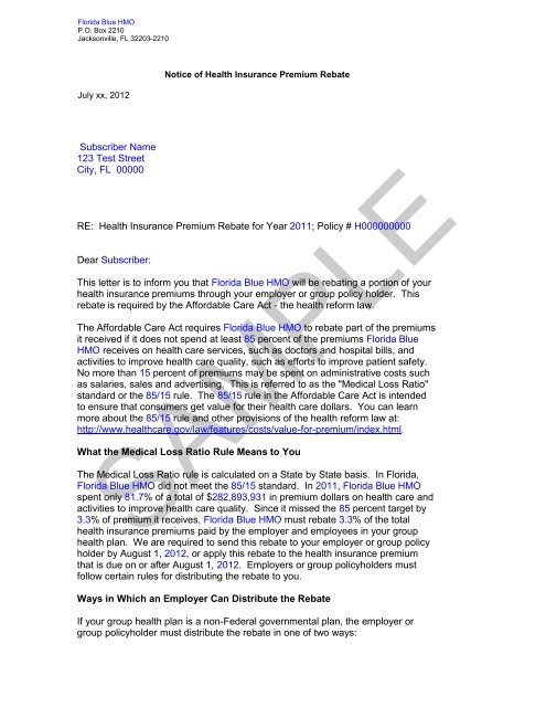 HOI Rebate Sample Notice PDF - Florida Blue