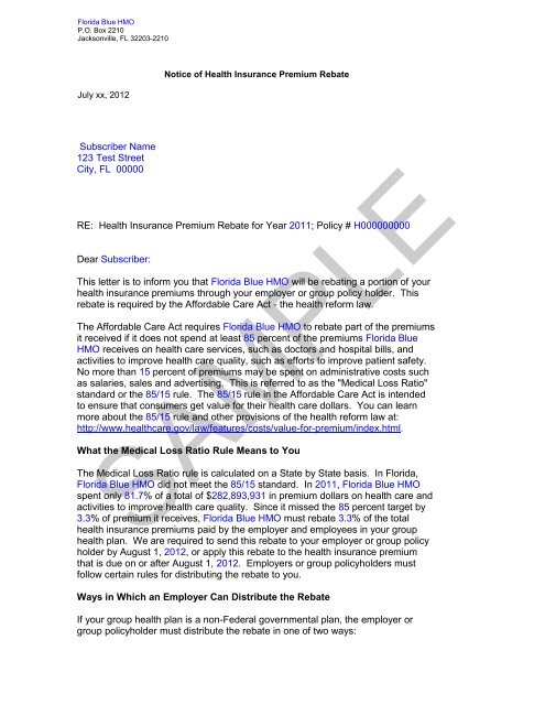 HOI Rebate Sample Notice PDF Florida Blue