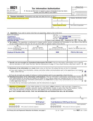 Form 8821 (Rev. April 2004) - GTM Payroll Services