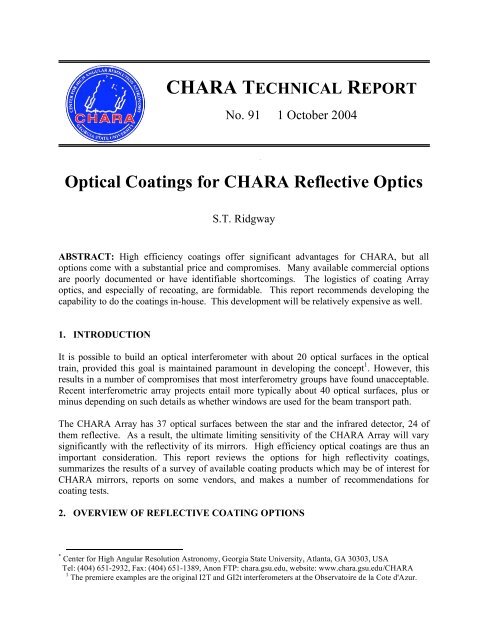 Optical Coatings for CHARA Reflective Optics - GSU Astronomy ...